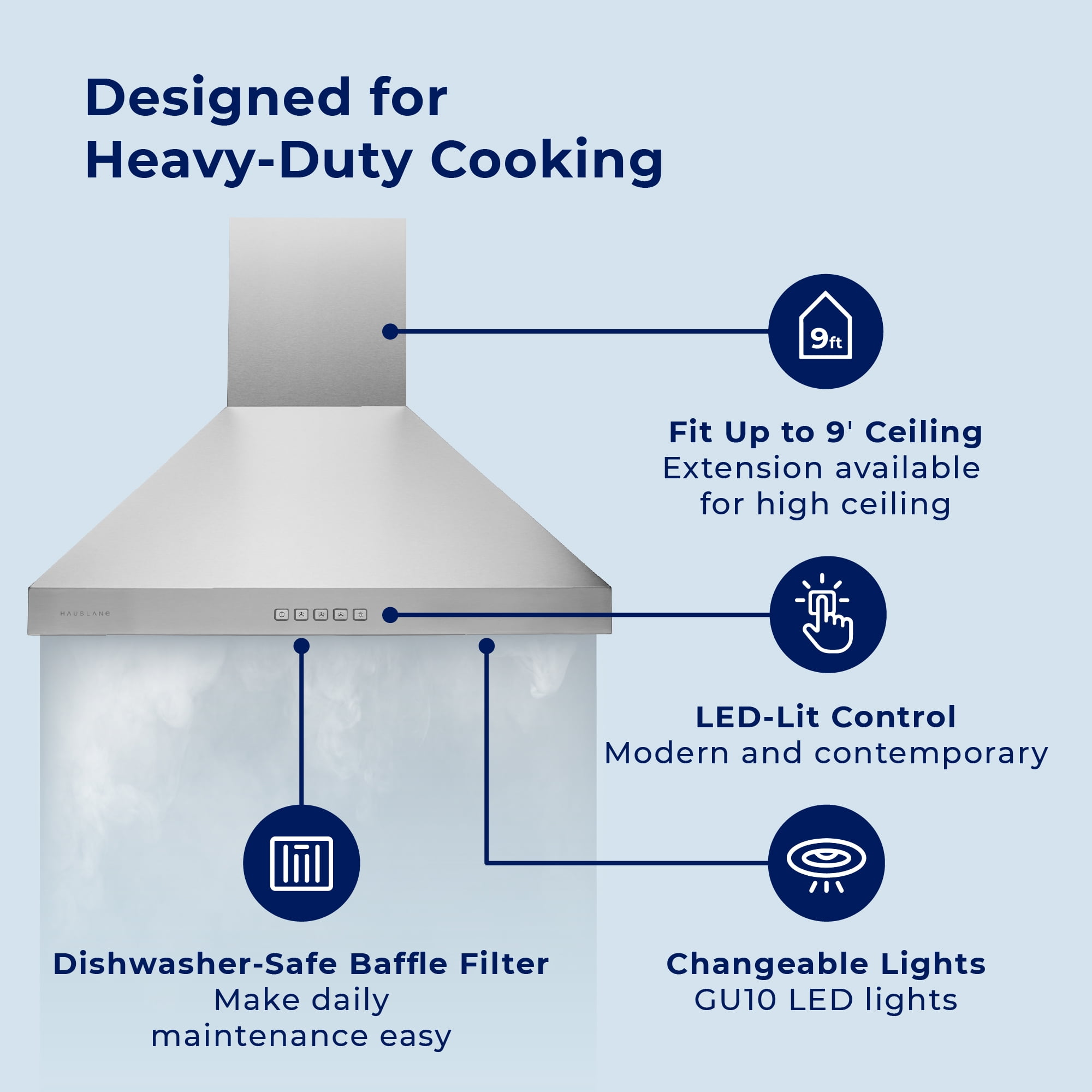 Hauslane Wall Mount Range Hood 36 Inch, Pro Model, Stainless Steel Range Hood, Strong Suction, Changeable LED Lamps, 6” Duct or Ductless, Kitchen Hood Vent, Stove Hood Vent