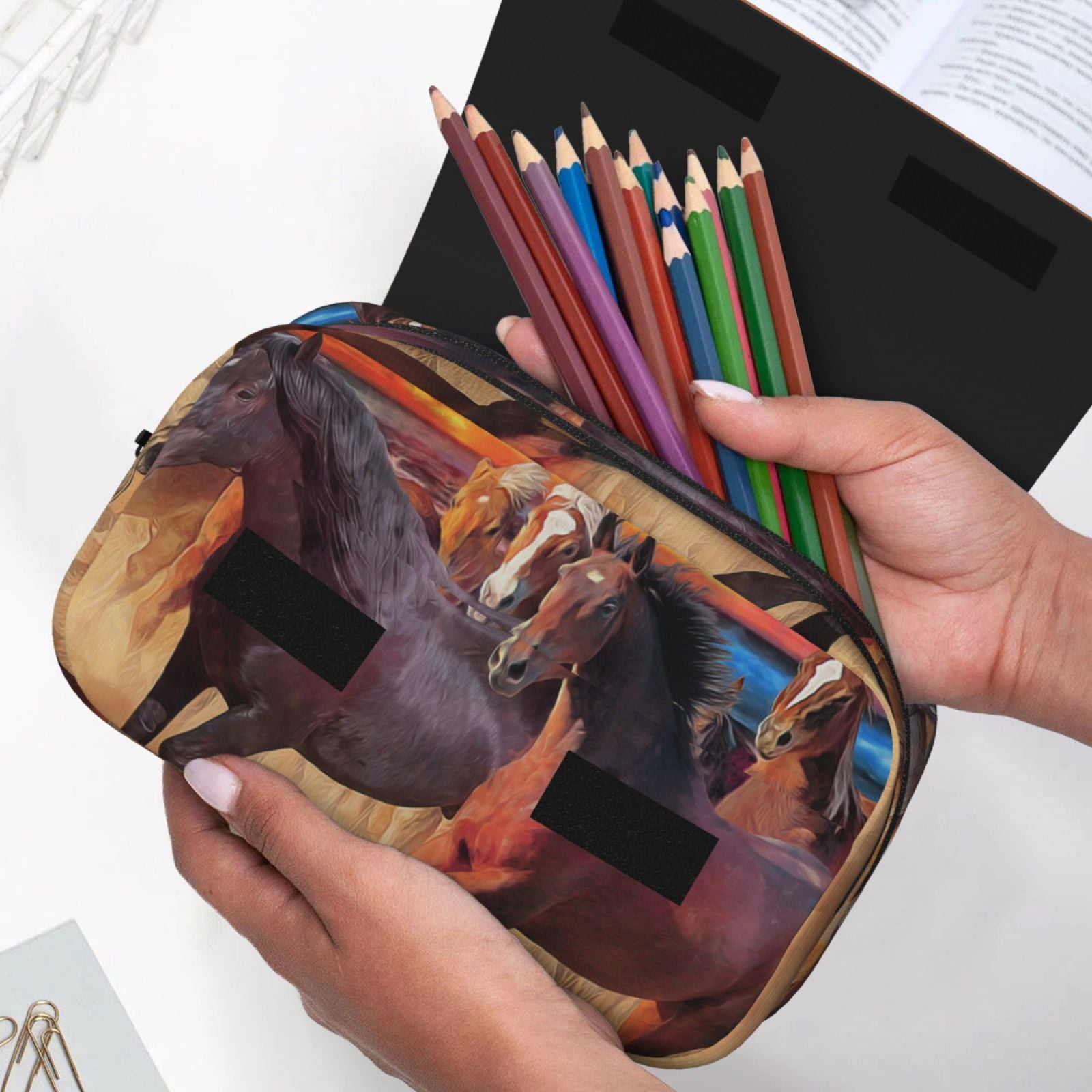 Rateoe a herd of horses Pattern Double Clamshell Pen Case, Storage Organizer with Two Zipper Compartments– Holds Up to 50 Pencils & Pens