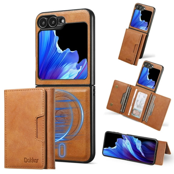 for Samsung Galaxy Z Flip 6 Case with Folio Card Holder Wallet, Strong Magnetic Case Compatible Mag-Safe Detachable PU Leather Phone Cover Women Men for Samsung Galaxy Z Flip 6 Protective Case, Brown