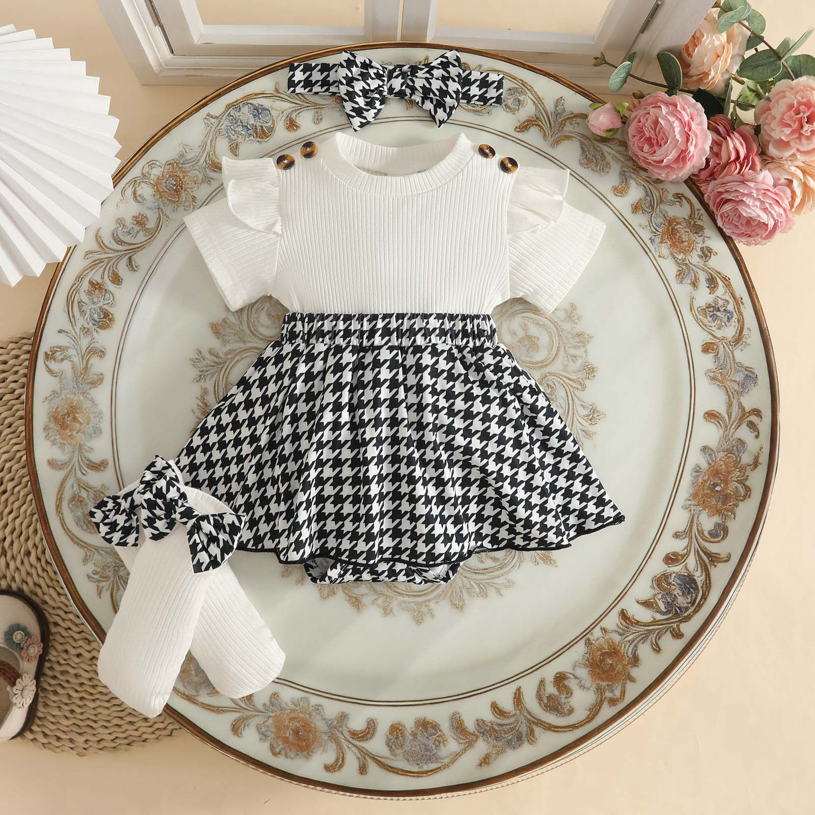 Faraee Newborn Baby Girl Clothes Smocked Bubble Romper Dress Socks Headband Cute Summer Infant Girls 3 Piece Outfits (12-18 Months,White)