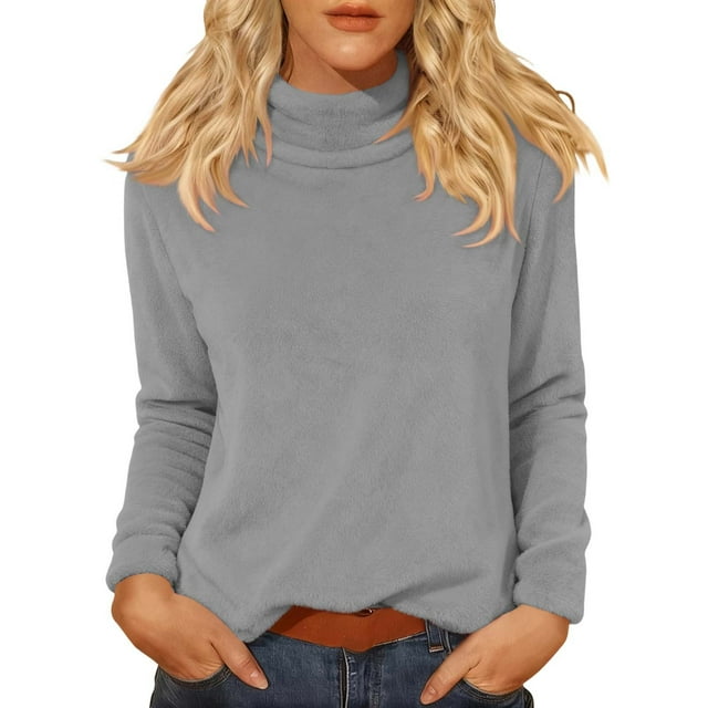 Comdrip Hauts pour Femmes Manches Longues Chemises pour Femmes Coupe Ample Col Roulé Haut Décontracté Automne Hauts Légers Chandails Chauds Hauts Col Roulé pour Femmes Gris m