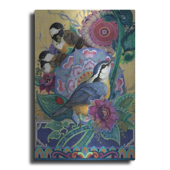 Luxe Metal Art 'Garden Bird Trio' by David Galchutt, Metal Wall Art, 16"x24"
