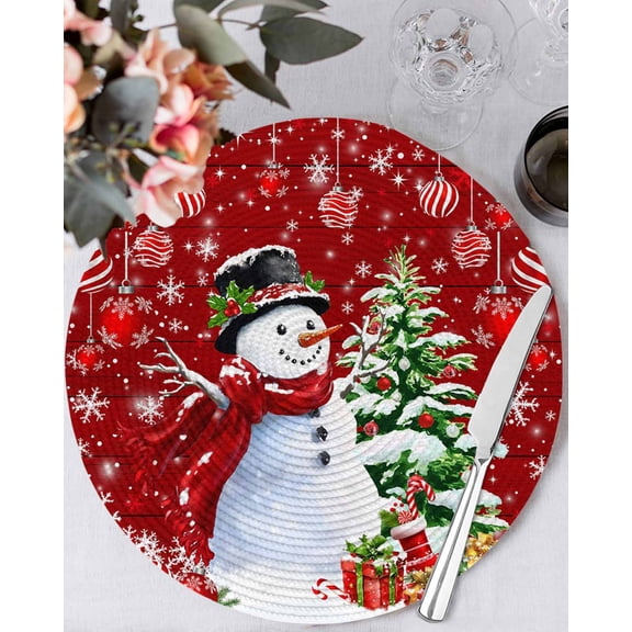 15 Inch Round Placemats Set of 4, Red Christmas Non Slip Heat Insulation PP Table Mats, Snowman Xmas Tree Ball Gifts Winter Wooden Washable Place Mats for Kitchen Dining Party Table Decor