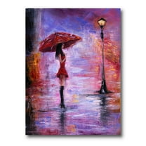 The Girl With The Umbrella Walking In The Rain I 8 in x 12 in Painting Canvas Art Print, by Designart