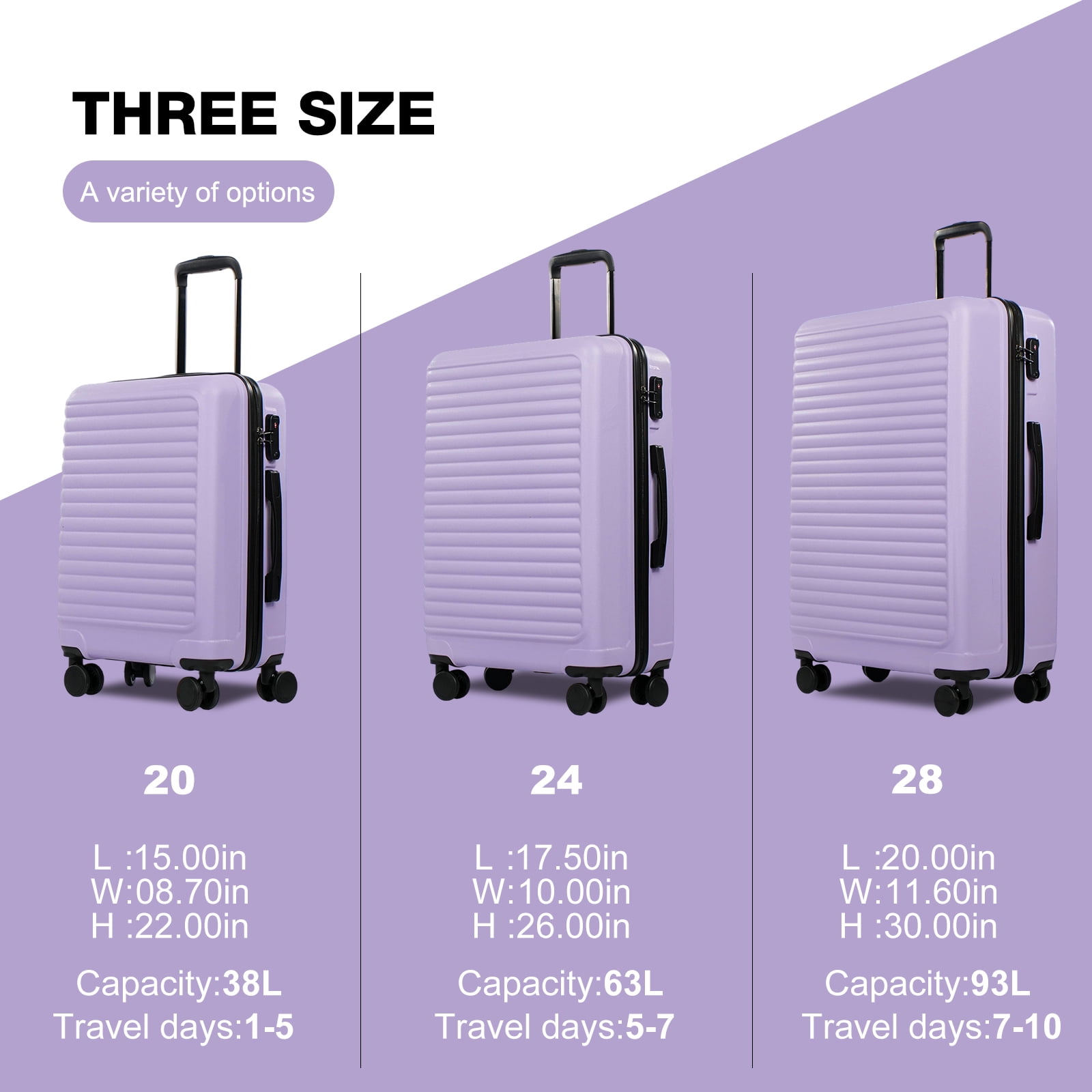 Travelhouse 3 Piece Hardside Luggage Set Hardshell Lightweight Suitcase with TSA Lock Spinner Wheels 20in24in28in.(Light Purple)