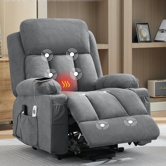 Power Lift Recliner Chair with Heat and Massage, Electric Fabric Recliner with Remote Control and USB Port for Living Room,Grey