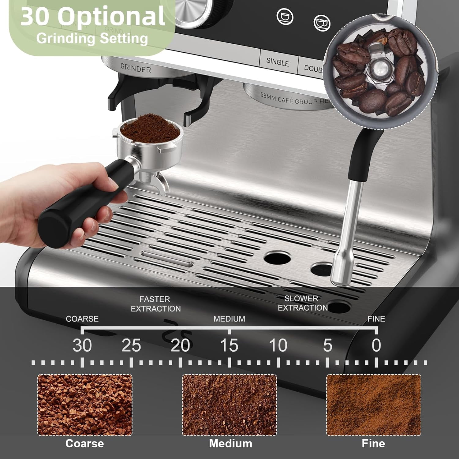 Espresso Machine with Integrated Grinder and Auto Milk Frother,20 Bar Espresso Maker with Seconds Heat Up,Steam Wand,Removable Water Tank,Home Cappuccinos and Lattes Coffee Machine