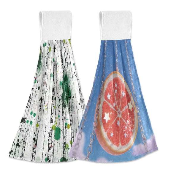 IAUYY Kitchen Hanging Towels Set of 2 100% Polyester Absorbent, Super Soft Hand Towels with Hanging Loops for Bathroom Kitchen Green Dot Grapefruit