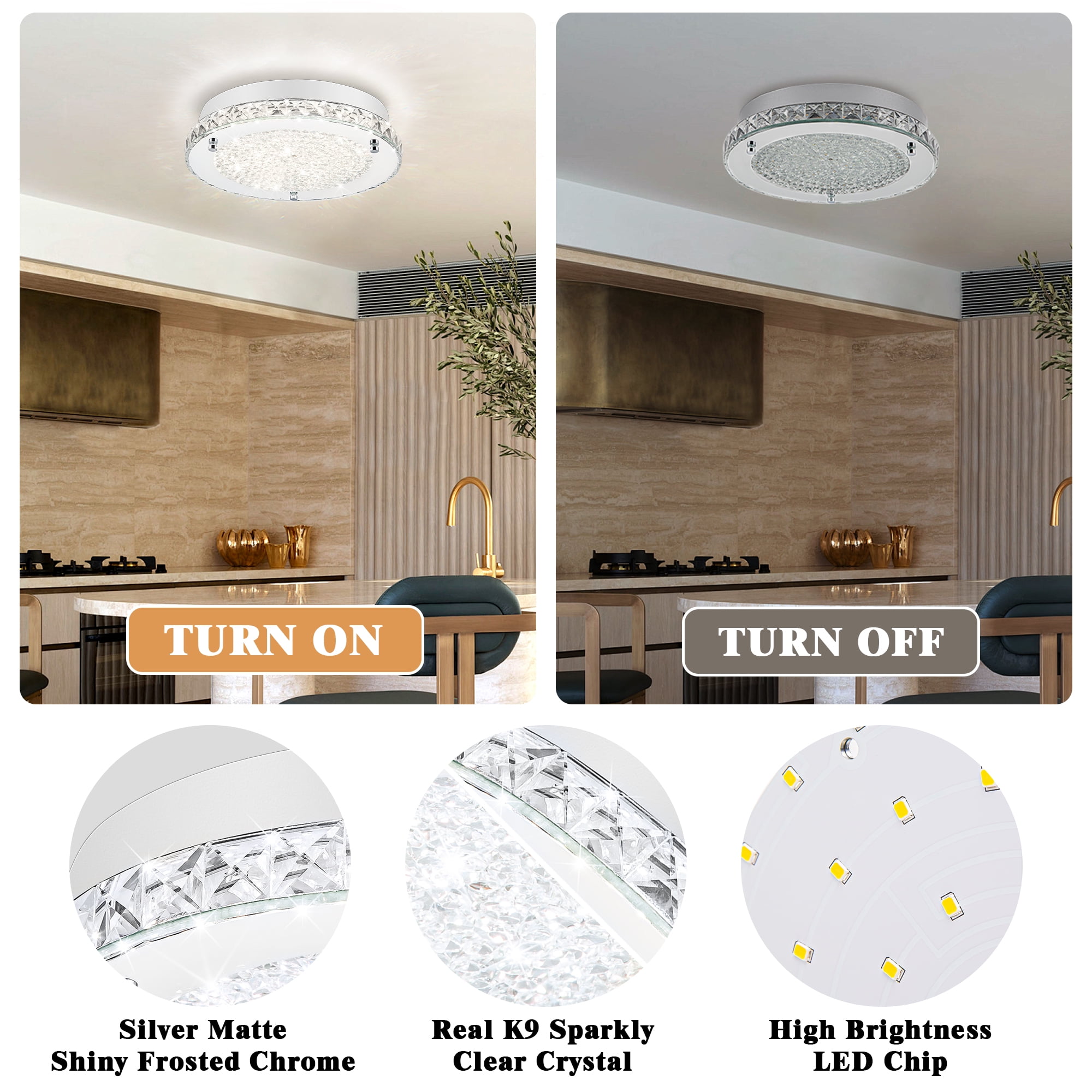 Uznhty LED Ceiling Light Flush Mount 13 Inch Crystal Ceiling Light,Bathroom Ceiling Light Fixtures for Kitchen Porch Living Room Dimmable 4000K