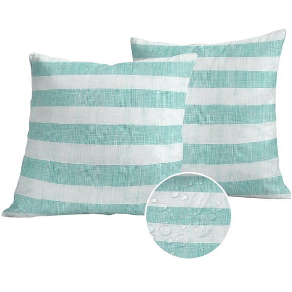 Aqua Striped Outdoor Pillow Covers 20x20 Set of 2, Waterproof Patio Throw Pillowcase Protectors, Rustic Farmhouse Stripes Square Decorative Pillow Shams Cushion Covers for Seat Bed Couch Sofa