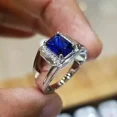 thumbnail image 2 of 3.00Ct Emerald Cut Simulated Blue Sapphire Classic Wedding Men's Pinky Ring 14k White Gold Plated 925 Sterling Silver, 2 of 4
