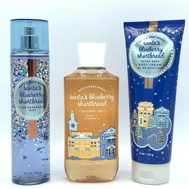Bath and Body Works Santa's Blueberry Shortbread Fine Mist, Body Cream and Shower Gel 3Piece