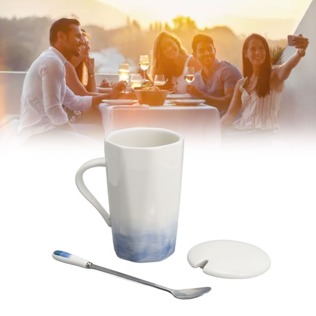 400ml Ceramic Mug, Ink Painting Style Coffee Mugs Ceramic Coffee Mug With Spoon And Dustproof Lid For
