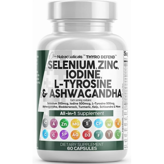 Selenium Zinc Iodine L Tyrosine Ashwagandha - Thyroid Support Supplement for Women & Men w/Bladderwrack, Turmeric, Kelp, Schisandra - 60 Capsules