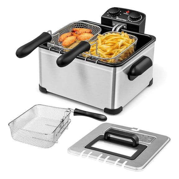 5 Liter Deep Fryer with Basket, 1700W Electric Oil Fryer with Lid with Viewing Window, Adjustable Timer and Temperature, Small Countertop Deep Fryer Pot for Home Kitchen Use, Silver