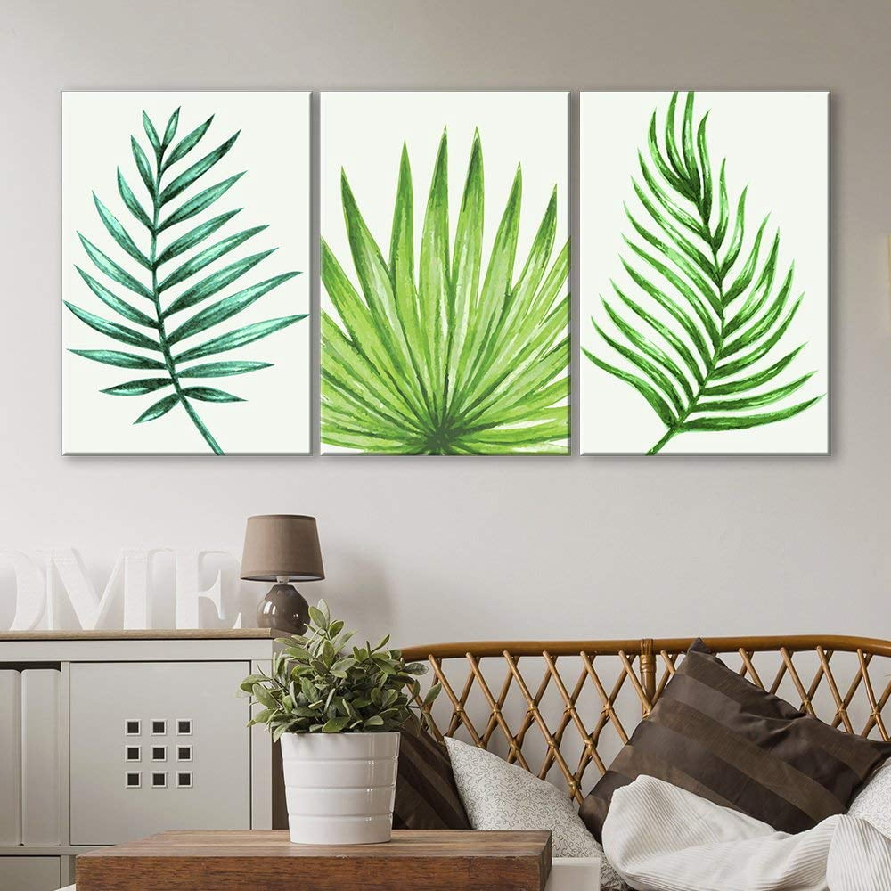 wall26 3 Panel Canvas Wall Art - Watercolor Style Green Tropical Leaves ...