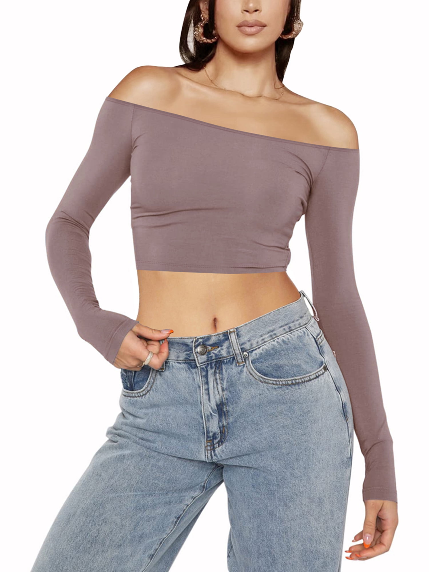 Tilbageholde Uretfærdig alder Women Off Shoulder Slim Fit Crop Top Long Sleeve Going Out Tops Backless  Solid Tee Shirt Y2k Blouse - Walmart.com