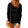 thumbnail image 1 of Blusa de punto Jersey Hombro caído Manga larga Color puro Cuello redondo Tops con botones para mujer Negro XXL, 1 of 6