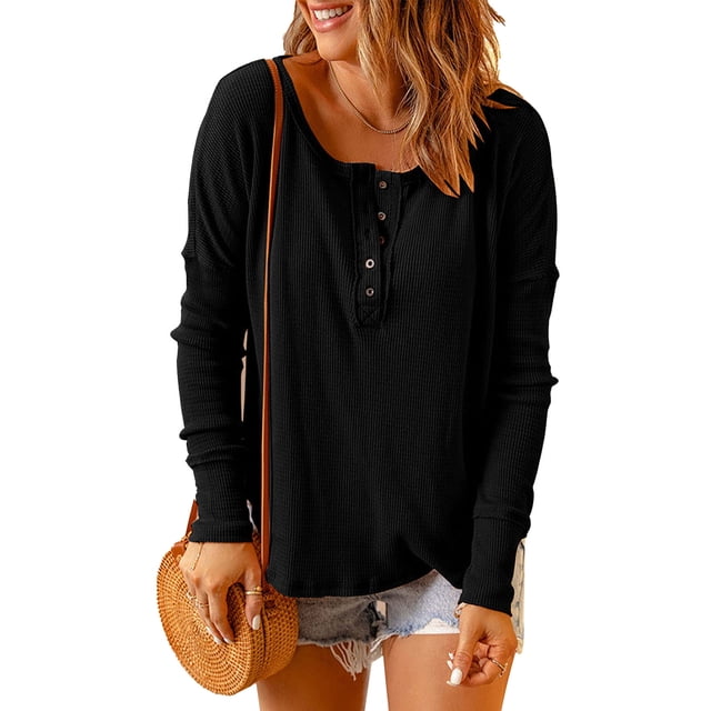 Blusa de punto Jersey Hombro caído Manga larga Color puro Cuello redondo Tops con botones para mujer Negro XXL