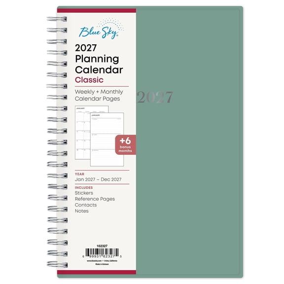Blue Sky 2027 Weekly and Monthly Planner Calendar, January 2027 - December 2027, 5" x 8", Flexible Cover, Durable Twin Wire Binding, Includes Sticker Sheet, Solid Green