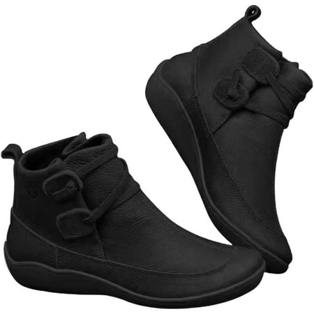 

Fusipu Women Faux Leather Lace Up Low Heel Flat Ankle Boots Plush Liner Warm Shoes