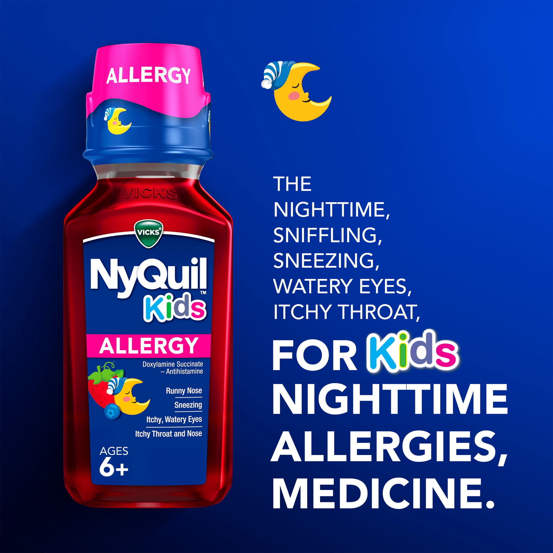 (3 pack) Vicks NyQuil Kids Allergy Liquid, Nighttime Allergy Medicine for Children, Berry, 8 fl oz