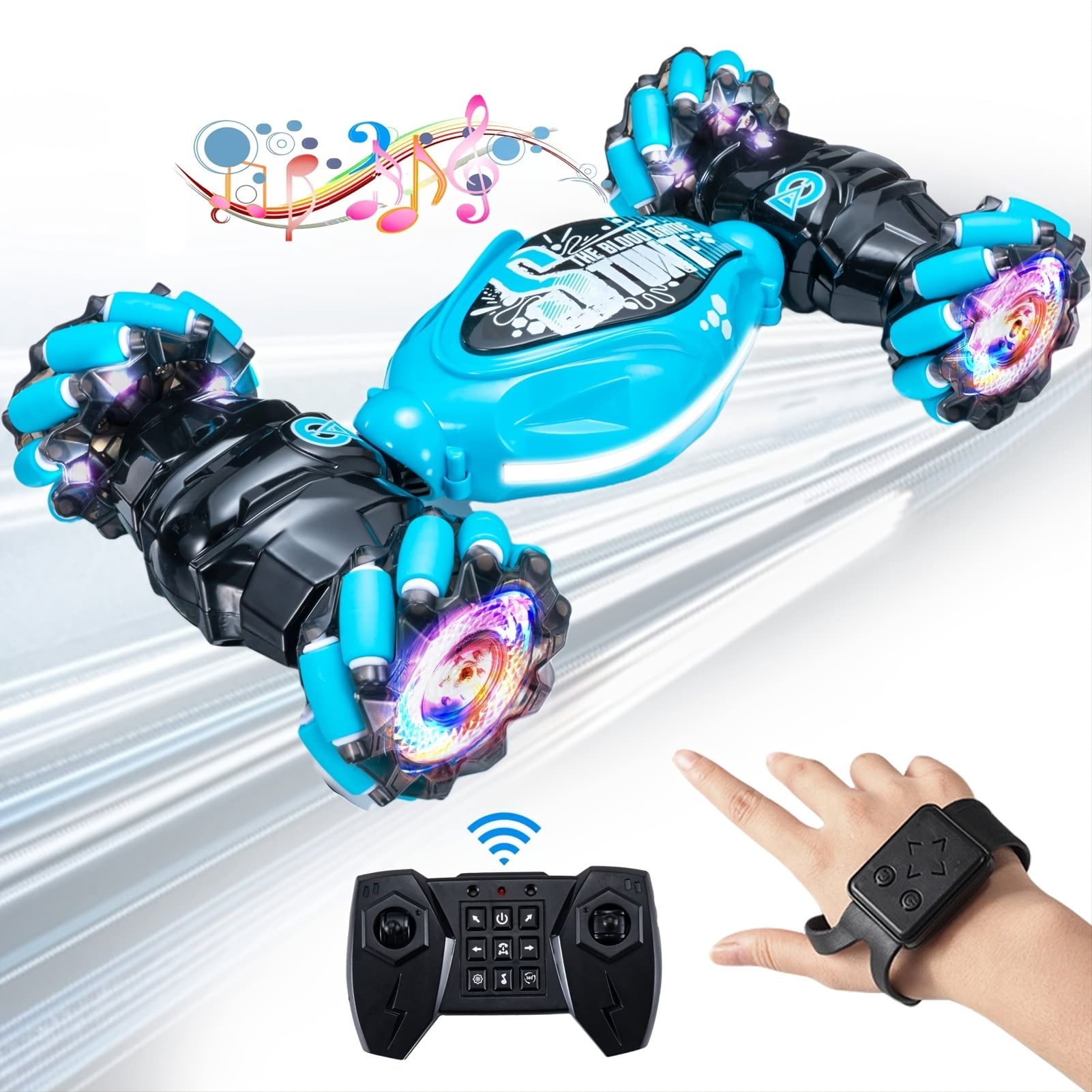 1:14 RC Stunt Car, 2.4GHz Gesture Sensing Remote Control Car ,360 Degree Rotation Deformable Four- wheel Drive Vehicle, can run flat and climb with Music and Light