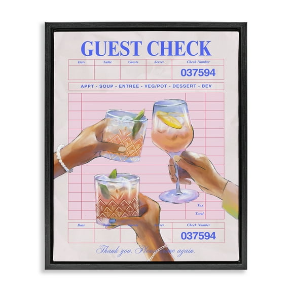 Stupell Industries Cheers over Guest Check Food & Beverage Painting Black Floater Framed Canvas Art Print Wall Art, 17 x 21