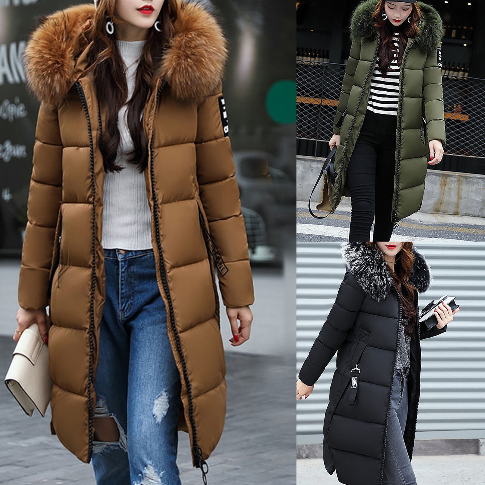 EGNMCR Womens Long Puffer Coat, Long Sleeve Padded Winter Down Coats, Hooded Parka Jacket Women Solid Casual Thicker Winter Slim Down Lammy Jacket Coat Overcoat Women Coat