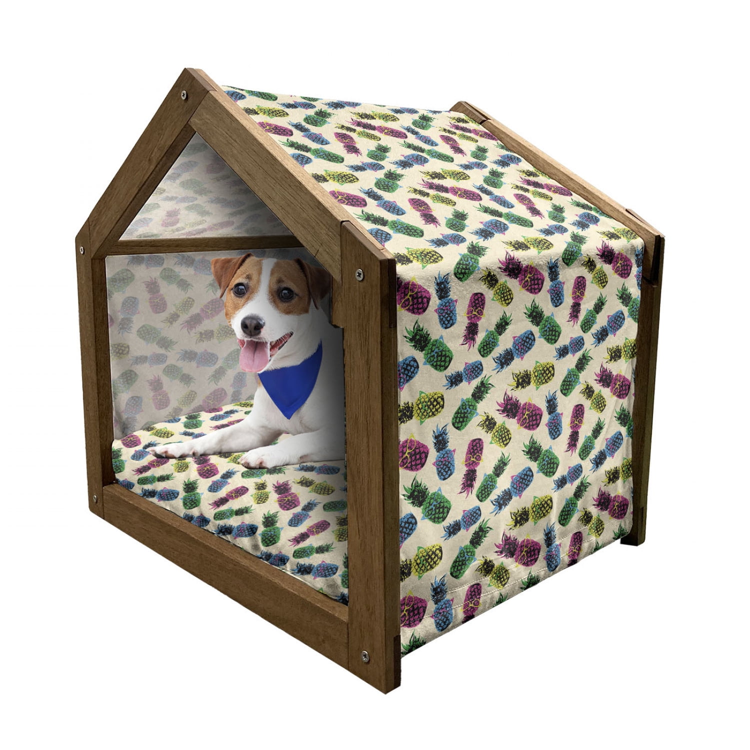 View of Indie Pet House, Retro 80s Summer Pattern Tropical Fruit Pineapple ...