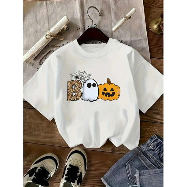 Boys' Halloween Graphic T-Shirt - Soft Stretch Knit, Breathable & Machine Washable, Lightweight Regular Fit Short Sleeve Tee with Jack-o'-Lantern & Ghosts Print, Perfect for outdoor Play &