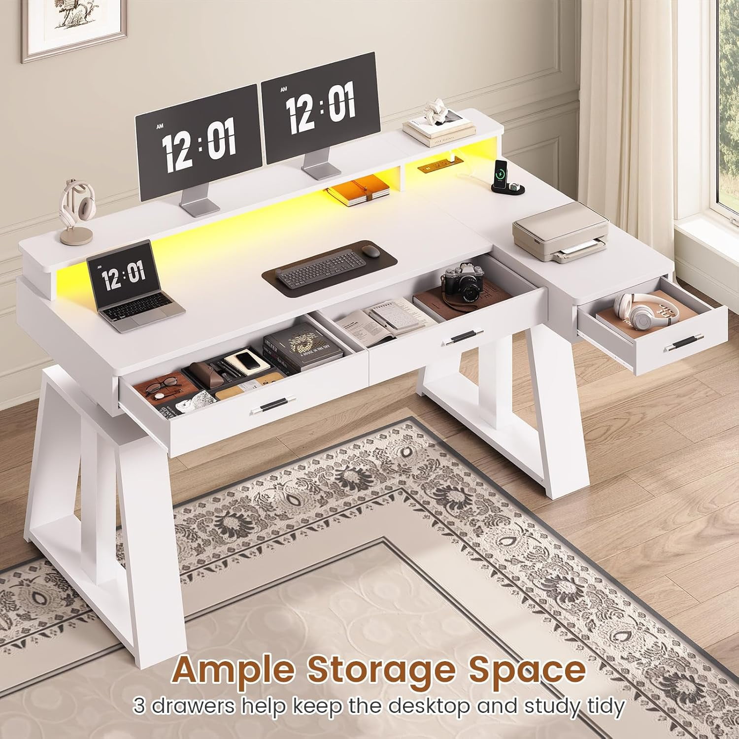 Modern Standing Desk with Drawers, Height Adjustable Computer Desk with Power Outlets, LED Lights & Monitor Stand, Stand Up Corner Gaming Desk, Home Office Desk with Storage, White