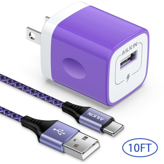 Type C Charger,Fast Charging Block Charger Type C,AILKIN 1PACK Usb Charger Block Plug Adapter 1PCS Usb C Charging Cable 10ft Usb A to Usb C Cable High Speed Phone Charger Cord Android Type C,Purple