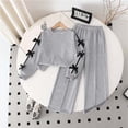 thumbnail image 5 of Hudaneo Tween Girls Bow Applique Sleeve Top and Pleated Wide Leg Pants Matching Set, Gray 10-11 Years, 5 of 8