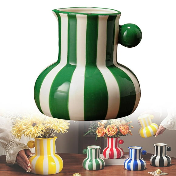 Colorful Striped Ceramic Vase with Handle – Handmade Modern Decor for Living Room Or Kitchen | Desktop Flower Arrangement Vase,A Nordic Minimalist Hand-Painted Vase
