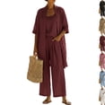 thumbnail image 2 of Womens Linen 3 Piece Outfits, Long Cardigan Spaghetti Strap Tank Top Wide Leg Pants Summer Lounge Sets with Pockets,Deep Red,XL, 2 of 5