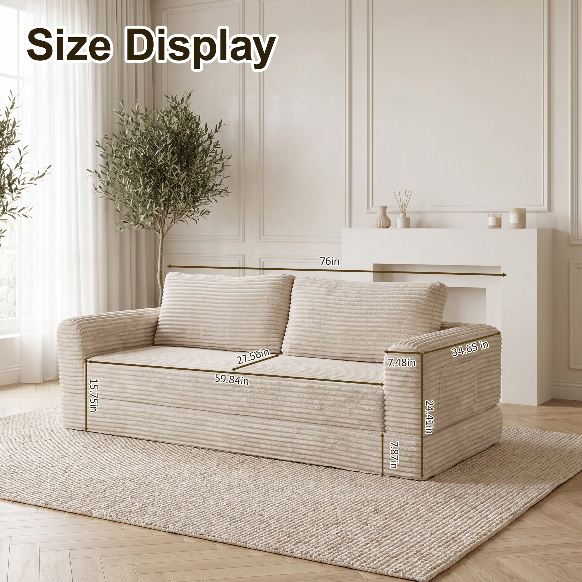 76" Convertible Futon Sofa Bed,Folding Boneless Floor Couch with Deep Seat,Cloud Corduroy Fold Out Sleeper Sofa with Memory Foam Cushion for Living Room,Bedroom,White