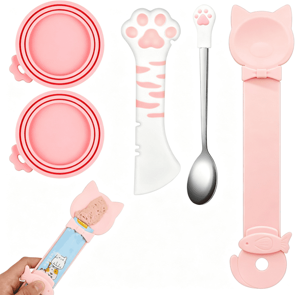 ACDANC 5 Pcs Cat Food Can Covers Lids Set,Silicone Pet Food Can Lids with Multi-Function Cat Food Spoon and Opener,Cat Bar Squeezer,Stainless Steel Wet Food Spoon for Cats and Dogs (Pink) (Pink)
