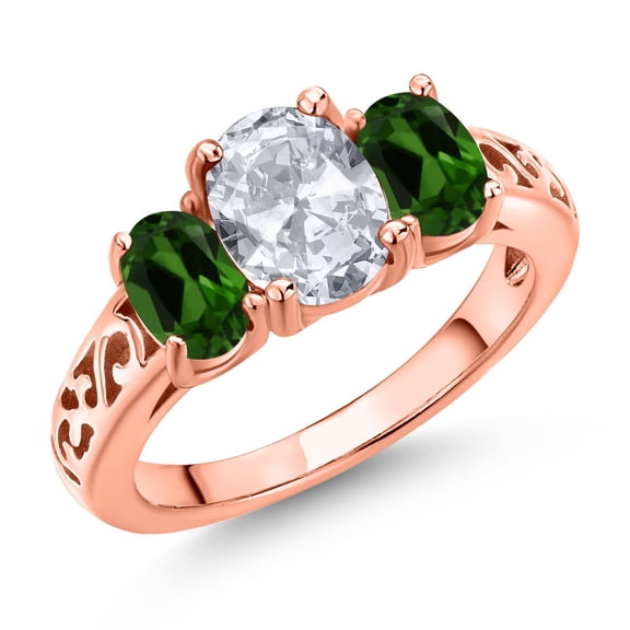 Gem Stone King 18K Rose Gold Plated Silver White Topaz and Green Chrome Diopside Filigree Style 3 Stone Ring for Women (2.60 Cttw, Oval 8X6MM and 6X4MM) (Size 6)