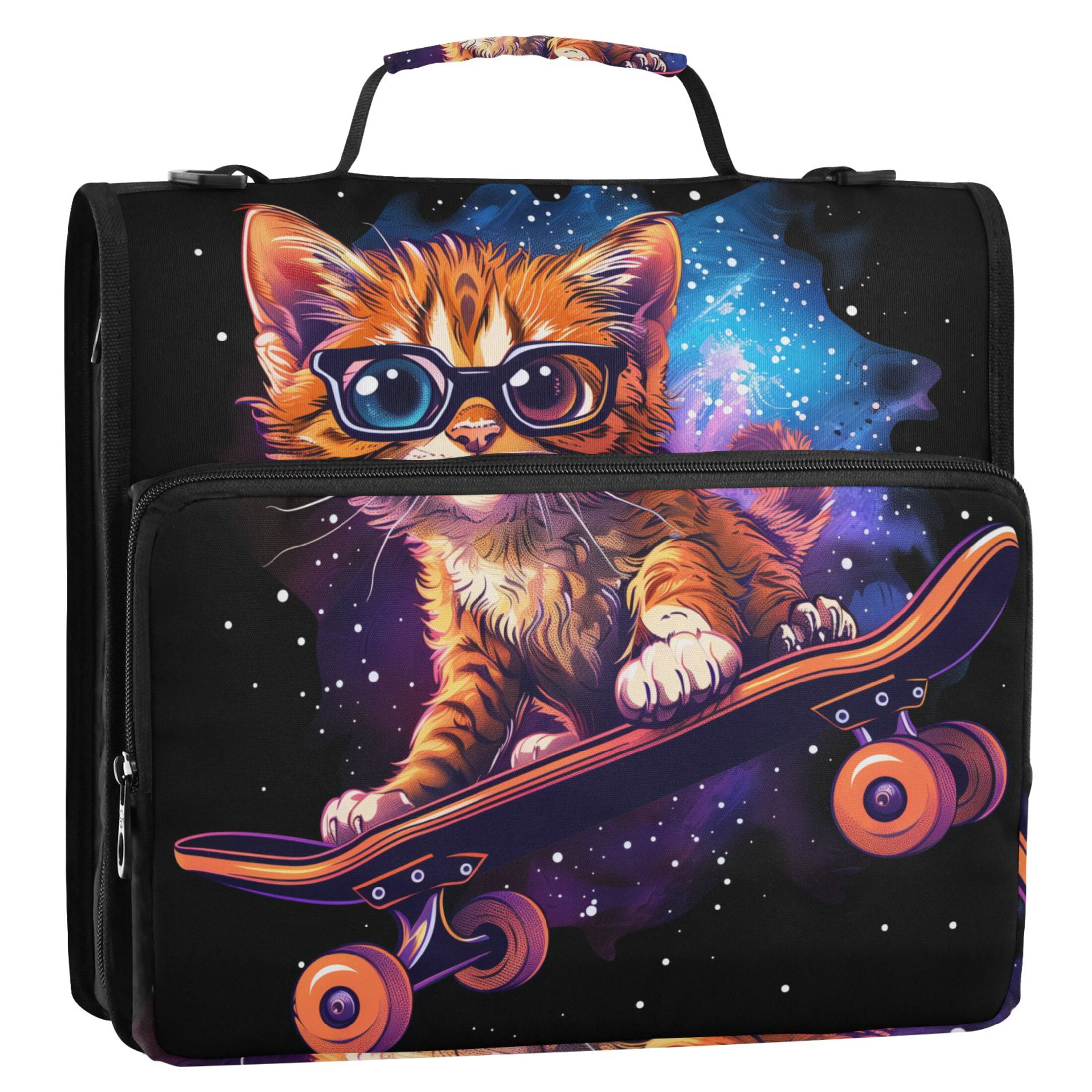 3 Ring Zipper Binder with Shoulder Strap Waterproof Trapper Keeper 1.5 Inch D-Ring 500 Sheets Capacity Cat with Glasses Skateboard