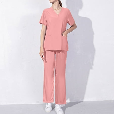 pstuiky Pajama Sets for Women 2 Piece  Women Print Short Sleeve V-Neck Blouses Shirts Sets and Long Pants Classic Fit Trendy Oversized Pajama Sets Loungewear Set Flash Sale Pink L