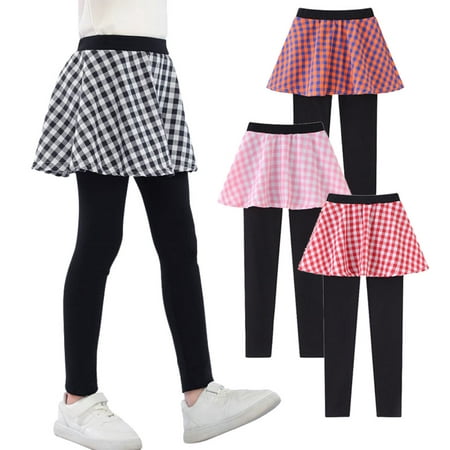 

3-11T Toddler Little Girls Footless Leggings with Plaid Ruffle Tutu Skirt Big Girls Pantskirt Pants Tights
