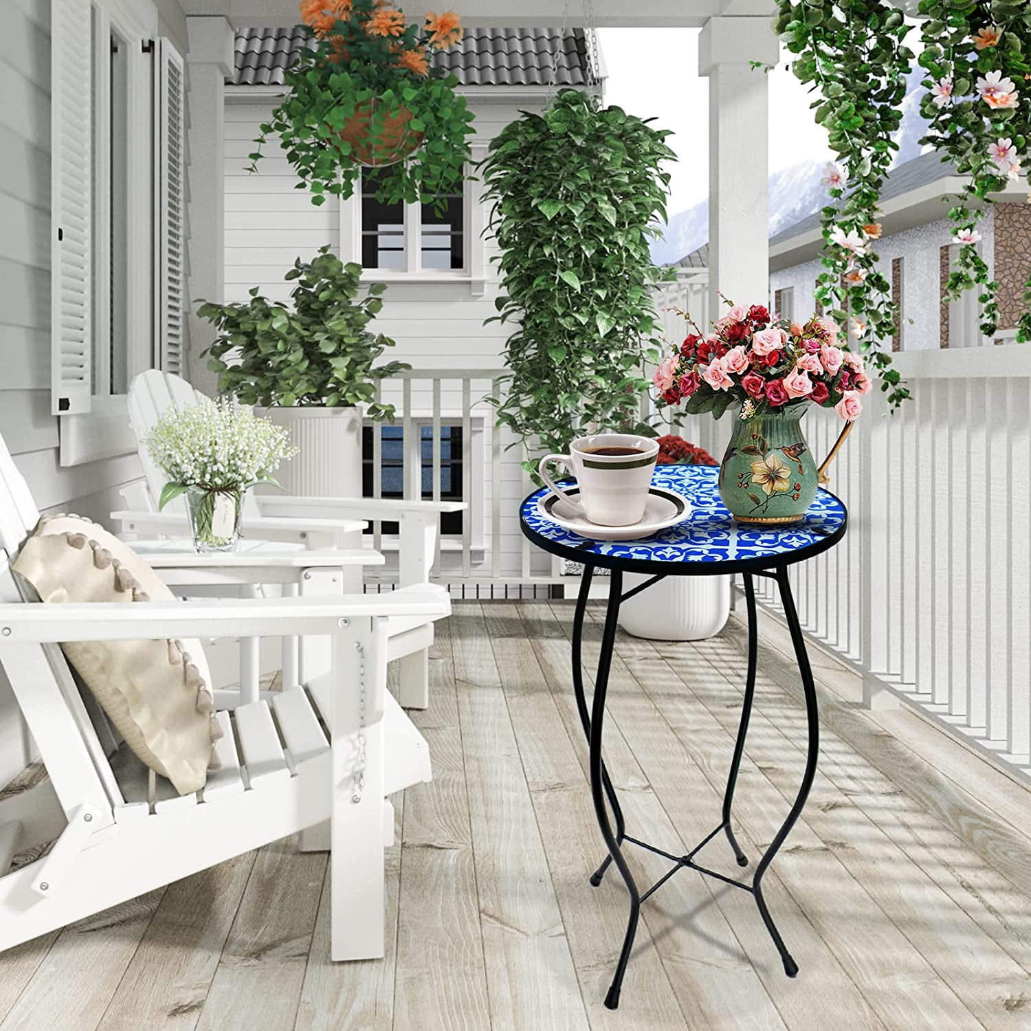 Aboxoo Mosaic Collection Outdoor Modern Functional Art Glass Round End Table, Purple White