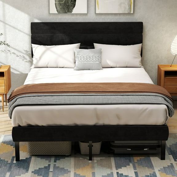 Newest Full Size Upholstered Platform Bed Frame - With Headboard, No Box Spring Needed, 14'' Underbed Storage​