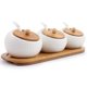 thumbnail image 1 of 3-piece Porcelain Condiment Jar Set With Bamboo Lids And Ceramic Spoons, 1 of 5