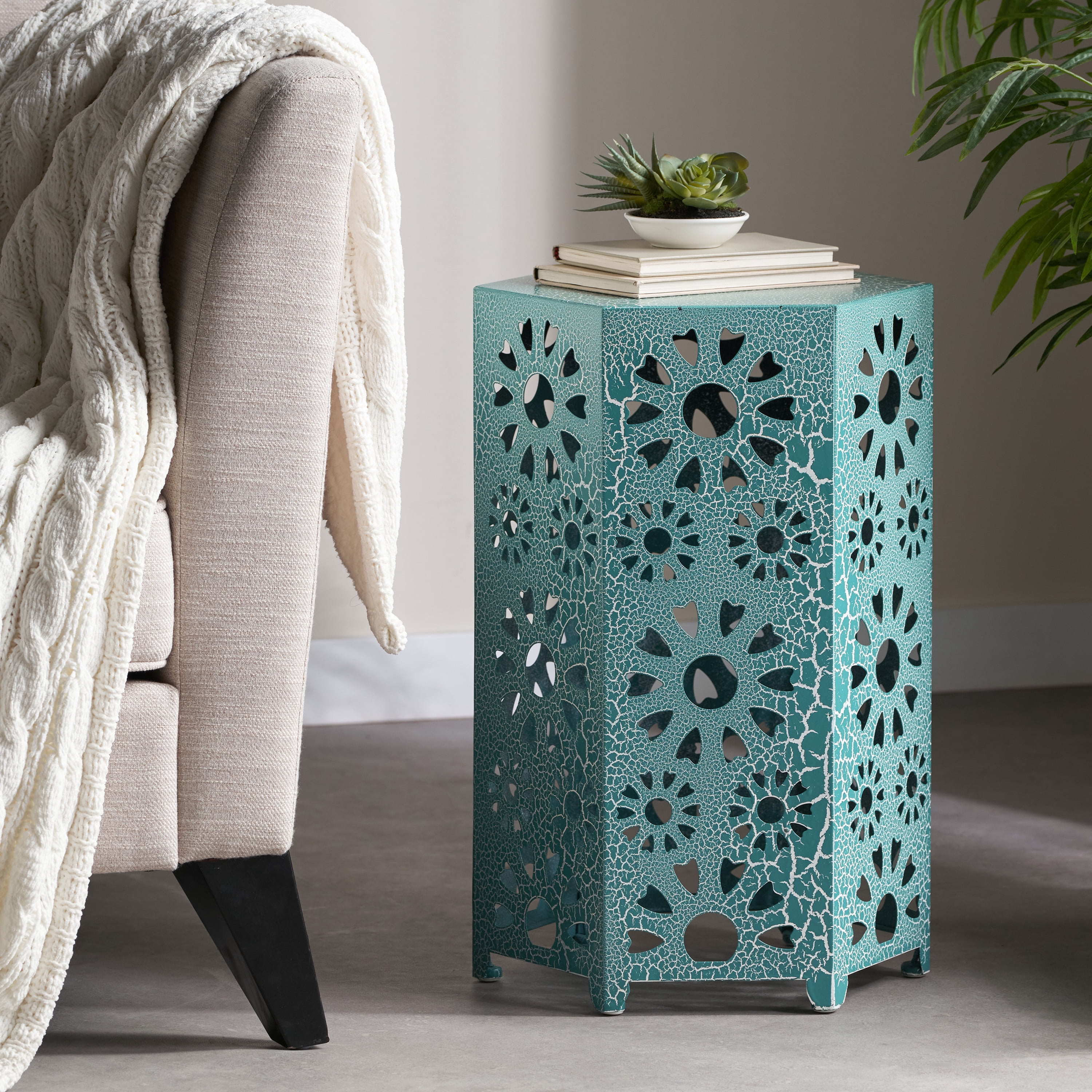 Outdoor Sunburst Hollow Out Side Table 14 Inch, Decor Metal End Table for Patio Garden, Crackle Teal
