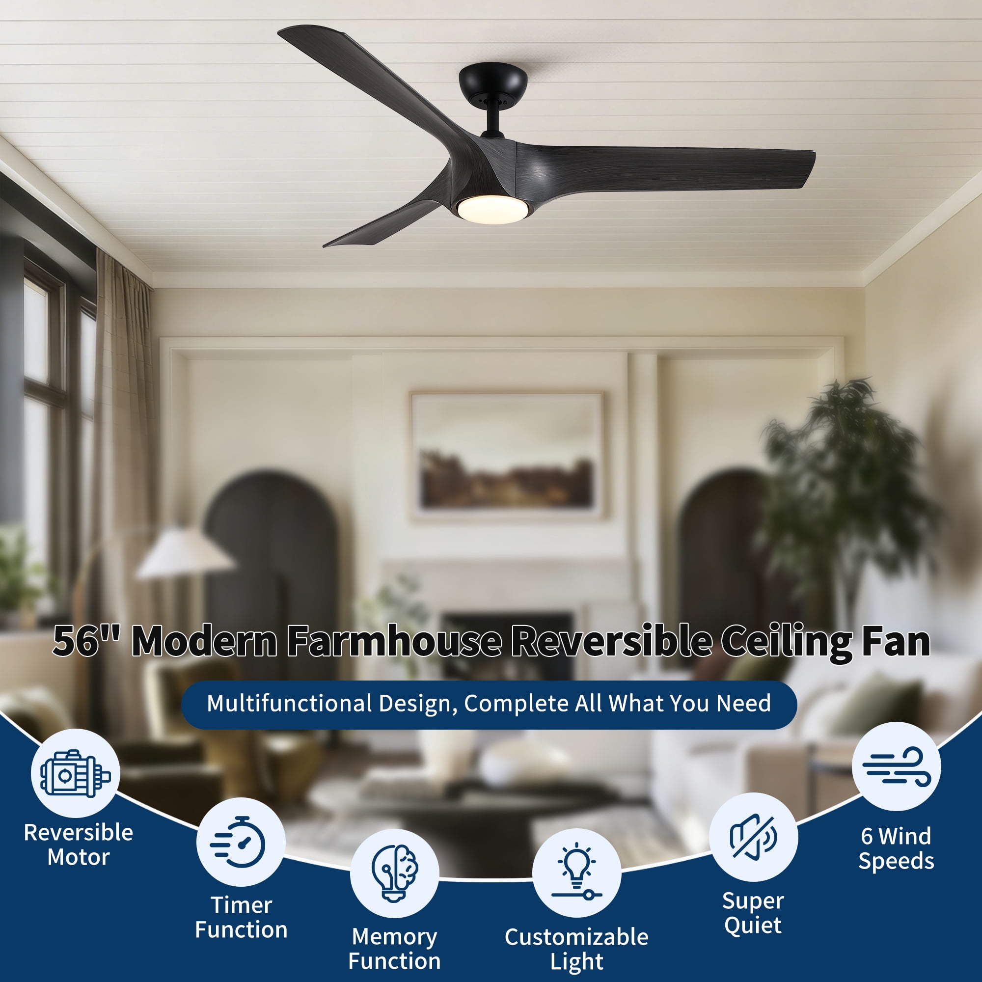Leumius 56" Modern Farmhouse Reversible Quiet Motor Ceiling Fan Light with Dark Gray ABS Blades for Living Room Bedroom