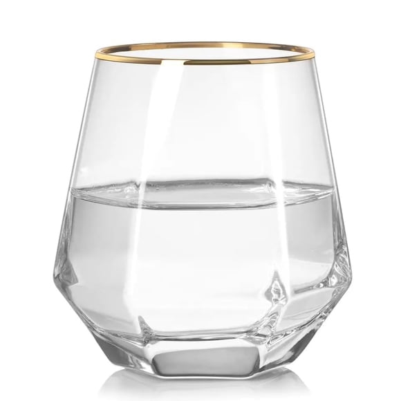 Glass Crystal Whiskey Glasses For Wine Set Of 6 - Golden Rim, 310ml Each | Large & Luxurious Hexa Shape Glass For Scotch Vodka Rum Sharbat Soda Cold Drinks - Lightweight, High Quality