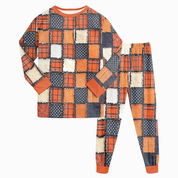 UAYOTSE Children Halloween Plaid Pajama Outfit Long‑Sleeve Shirt and Elastic Ankle Pants Vintage Checkered Fall Sleep Set for Kids Size 8-9 Years
