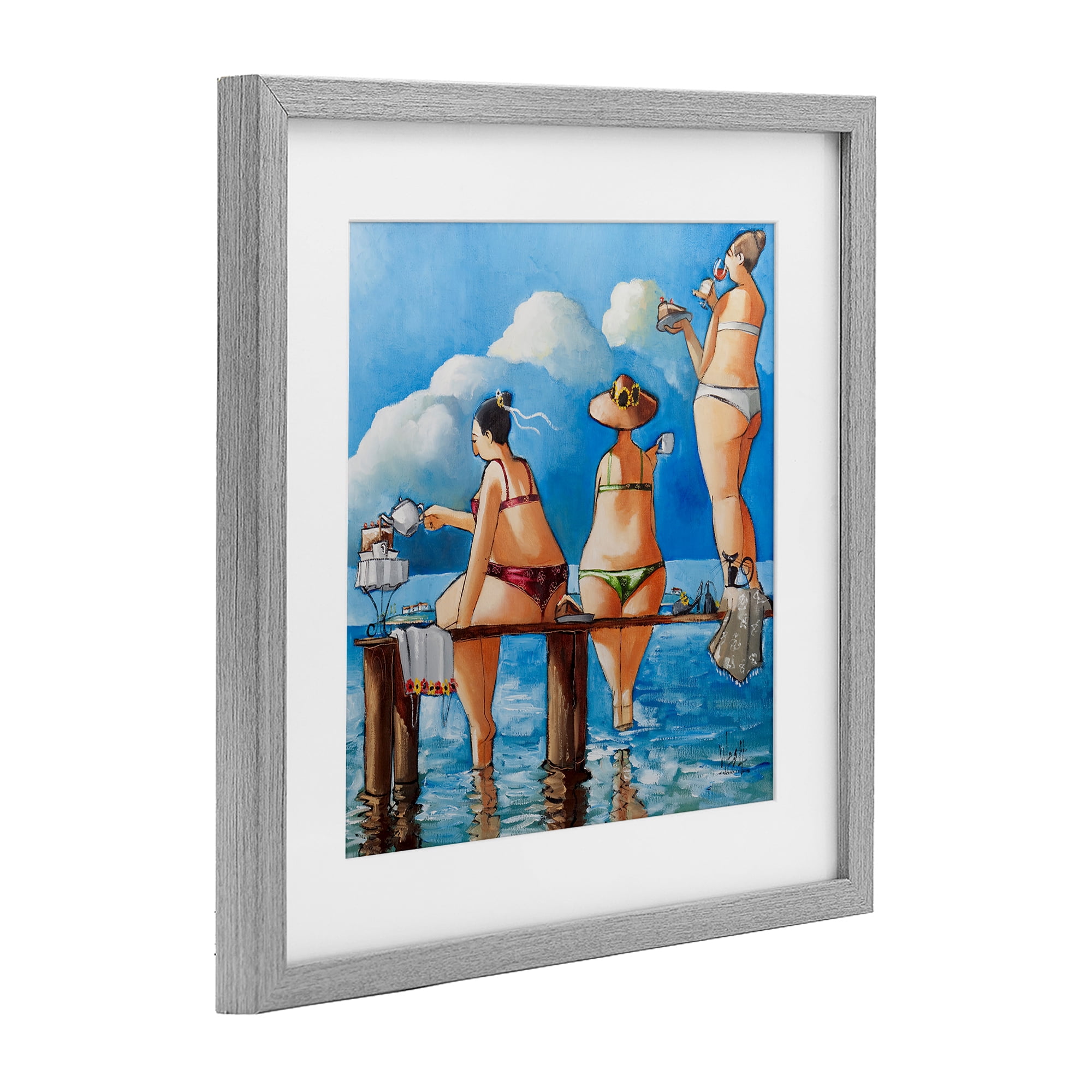 Tea Break On The Jetty Gray Framed Print Under Glass, design by Ronald West